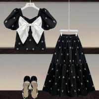 大码女装夏季套装女2021新款显瘦泡泡袖蝴蝶结短袖半身裙两件套装 黑色裙子 单件 4XL 建议180斤-200斤