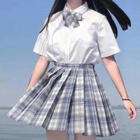 jk格裙正版原创制服套装学院风女学生衬衫裙子夏季短裙全套百褶裙 温柔一刀格裙+短袖白衬衫+领结 XS 145-165/6