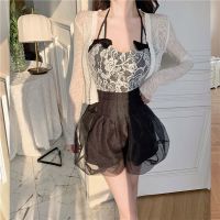 春季2022新款女套装精致蝴蝶结挂脖吊带+开衫+网纱半身裙裤三件套 开衫 S