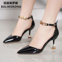 百丽美罗娜新款单鞋女高跟女鞋细跟凉鞋尖头中空一字扣带女鞋韩版 316黑色5CM 38