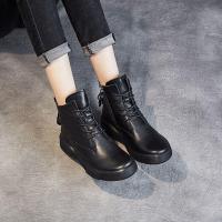 软皮季百丽平底短靴女2021款单靴厚底防滑加绒软底百搭时尚女靴子 黑色单靴 35