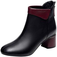 2020冬真牛皮新款舒适防滑女靴圆头中跟马丁靴粗跟加绒短靴女大码 黑色加绒 紫边 35 当天发货