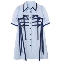 条纹短袖连衣裙女2021夏新款设计感飘带蝴蝶结宽松衬衫裙子中长款 浅蓝色[偏宽松] S 原版原料[建议80-100斤]