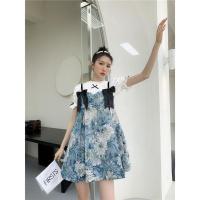 茶歇法式初恋复古油画碎花连衣裙女2022年夏季蝴蝶结两件套装女潮 短袖衬衫 S