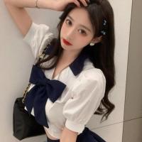 套装裙女2021夏季新款日系学生短款百搭上衣高腰百褶半身裙两件套 上衣 S