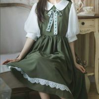 学院风夏甜美泡泡袖蝴蝶结短袖连衣裙女学生韩版百搭中长裙a字裙 森林绿色 S