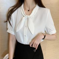 雪纺衬衫女夏季2021年新款蝴蝶结气质职业OL衬衣时尚洋气短袖上衣 白色 XXS 建议50斤以内可穿