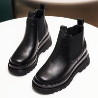 芮音百丽真软皮女靴秋冬季英伦百搭厚底防滑机车鞋马丁靴短筒靴子 黑色单里 34