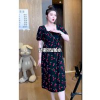 蕾蕾樱桃小丸子珍珠蝴蝶结收腰显瘦黑色连衣裙女夏a字泡泡袖裙子 樱桃长款 M
