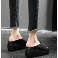 [48小时发货]真皮网纱凉拖鞋女中跟外穿厚底2021夏季新款女鞋高跟松糕坡跟拖鞋 黑色全皮 高品质