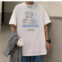 高质量夏新款五分袖短袖百搭体恤衫宽松ins港风潮流卡通印花t恤男 小熊白色 111 S