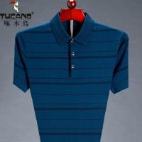 啄木鸟2021夏季爸爸装冰丝T恤男翻领半袖中老宽松微弹爸爸衣服装 3833兰色 165/84A 建议100-120斤