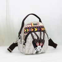 云南民族风单肩手提编织女包新款棉麻便携布艺复古女士斜跨小包 吉祥脸谱单肩斜跨手提包