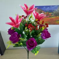仿真花玫瑰花家具装饰摆放餐桌阳台插花假花绢花干花花苞植物盆景 42厘米高:12头百合贵妃枚+紫色