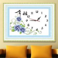 印花十字绣钟表线绣新款客厅卧室幸福十字绣钻石画贴钻画挂钟 图片色 65*47厘米[棉线+机芯]