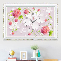 [乐斐梵]满钻5D钻石画孔雀玫瑰花家和福字钟表挂钟贴钻十字绣表 粉玫瑰满钻50*33厘米(送机芯)
