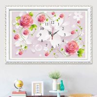 新款5d钻石画满钻石绣挂钟表粘贴钻十字绣玫瑰花装饰画 满钻50*33厘米(送九钻笔无机芯)