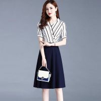 雪纺连衣裙女秋季2021年新款洋气时尚小个子显瘦减龄拼接条纹裙子 图片色短袖 M 90-105