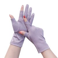 露二指防晒手套女夏薄款半指开车防滑防紫外线中长款春秋采茶漏指 豆沙[点点短款] 均码