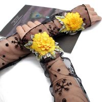 防晒手套女防紫外线薄加长款夏季护手臂袖子袖套民族风绣花杨丽萍 雪花-金牡丹1双