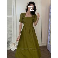 泡泡袖蝴蝶结设计感连衣裙女夏法式气质小众新款方领显瘦绿色长款 绿色[收藏+关注店铺优先发货] S