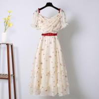 大码女装200斤胖妹妹夏季裙子女法式减龄蝴蝶结泡泡袖碎花连衣裙 连衣裙 M [建议80-100斤]