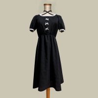 法式复古方领花边小黑裙日系软妹可爱蝴蝶结收腰长袖桔梗连衣裙女 短袖(收藏店铺/优先发) S