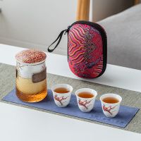 旅行茶具套装便携包一壶三杯防烫玻璃快客杯日式陶瓷整套功夫茶具 一鹿有你*一壶三杯)+旅行包