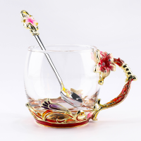 珐琅彩水杯花茶杯百合杯家用耐热玻璃杯泡茶杯咖啡杯创意果汁杯女 粉百合矮款+百合勺子 简装