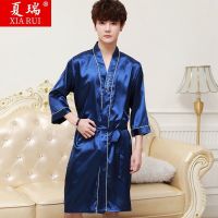 男士睡衣夏短袖长裤薄款冰丝春秋青少年款仿真丝绸夏天家居服套装 8808-藏青睡袍[单件睡袍] L [100-130斤]