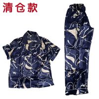睡衣女夏真丝开衫短袖薄款冰丝长裤两件套装可外穿新款丝绸家居服 女 短长-藏青色花[冰丝] M [建议80-105斤]