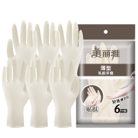 美丽雅一次性薄款乳胶手套餐饮厨房厕所家务pvc手套男女橡胶手套 薄型乳胶手套[6只装]