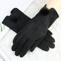 女士触屏手套春款冬季保暖加绒防风摩托车骑行骑车鹿皮绒中厚分指 黑色[薄绒]触屏