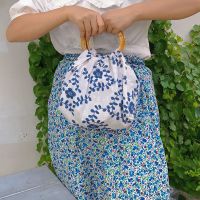 [48小时发货]2021新款包包女复古小圆包手提简约竹节手提小众女包旗袍汉服包 蓝色小花