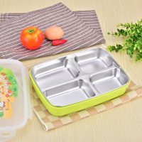 不锈钢带盖分格饭盒保温餐盒儿童学生女上班族餐具套装便当盒餐盘 (无袋)配餐具 绿色四格