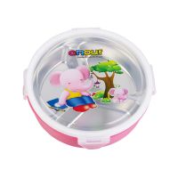 卡通304不锈钢分格防烫饭盒带盖可爱小学生分隔餐盘三格儿童餐盒 400ml三格红