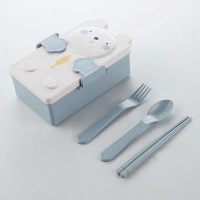 [48小时发货]麦秸秆饭盒卡通乐园便当盒可微波炉加热学生带饭水果餐具盒双分格 北欧蓝(送筷子叉子勺子)