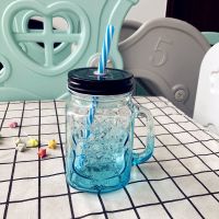 创意渐变玻璃杯彩色带盖透明简约杯子带把果汁冷饮杯吸管玻璃水杯 500ml 渐变蓝