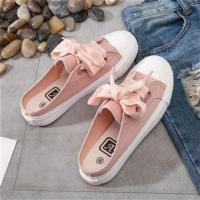 2020新款透气女鞋夏季帆布拖鞋无后跟懒人鞋包头一脚蹬平底小白鞋 粉色纯棉丝带半拖鞋 40