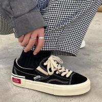 新款侧标拼接格子鞋子帆布鞋休闲学院风百搭学生板鞋男女情侣鞋潮 黑色 35