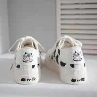 蛮蛮奶牛大头帆布鞋女2021新款女鞋百搭板鞋丑萌小熊潮厚底小白鞋 白色奶牛 35