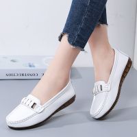[48小时发货]小白鞋牛皮春秋真皮妈妈鞋时尚单鞋女懒人鞋果冻软底防滑女鞋 白色 35