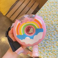 少女心水杯女学生韩版可爱高颜值杯子夏季新款甜甜圈便携随手杯 -*彩虹pinkI(380ml) 单杯+背带