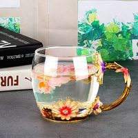 可爱玫瑰杯珐琅彩水杯家用咖啡杯泡茶杯少女心玻璃杯果汁杯花茶杯 菊花矮杯
