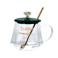 恒温玻璃杯子透明带把咖啡杯情侣水杯女家用茶杯伴手礼马克杯带盖 绿玻璃杯+盖+勺