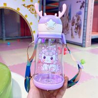 316儿童保温杯小学生带吸管防摔水壶卡通防摔可爱宝宝一杯三盖304 鹿角杯600ml紫色 送背带 标配