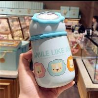 可爱卡通保温杯女创意ins风小学生便携带吸管保温壶儿童洞洞杯子 浅蓝色350ml 送潮流绳