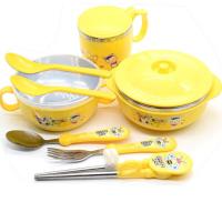 儿童餐具套装宝宝隔热碗不锈钢注水保温碗幼儿训练筷子吸水壶水杯 黄色 吸水壶5件套