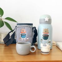 316儿童保温杯带吸管双盖大容量水杯子可爱少女心小学生背包水壶 灰绿-吃饭熊 500ml