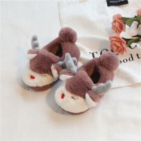 宝宝棉鞋冬保暖可爱小孩男女童亲子包跟室内防滑毛毛绒儿童棉拖鞋 豆沙色 麋鹿 内长17.0cm 鞋底18/19